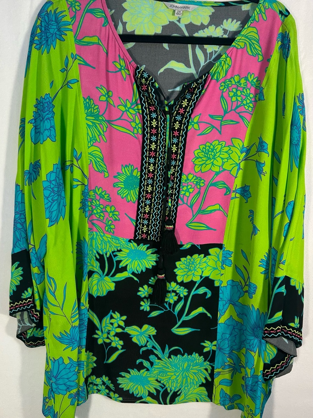 John Mark Pink, Lime & Teal Floral Embroidered V-Neck Tunic Top